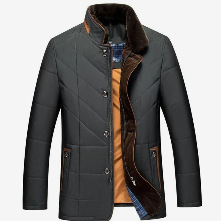 Men's Quilted Fleece-Lined Winter Jacket Stand Collar - Black