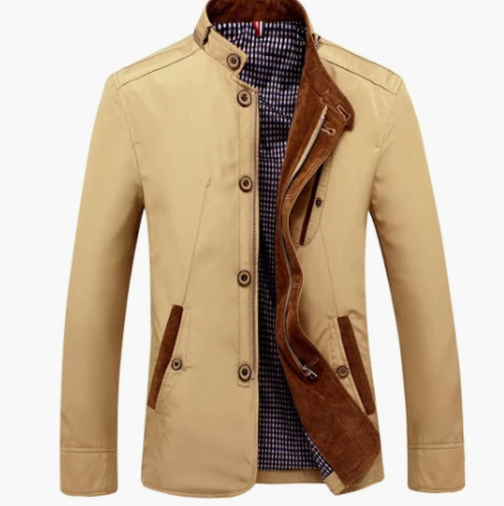 Men's Quilted Fleece-Lined Winter Jacket Stand Collar - Khaki