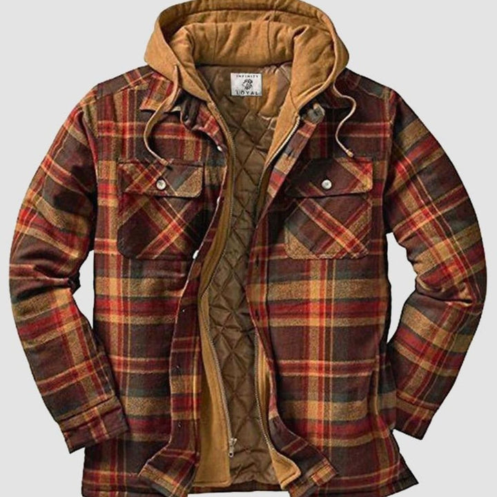 Men's Quilted-Lined Hooded Flannel Checked Shirt Jacket - Brown