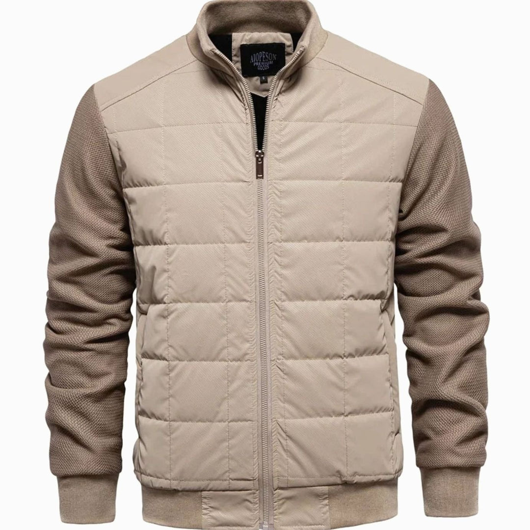 Men's Quilted Puffer Knit-Sleeve Zip-Up Winter Jacket - Khaki