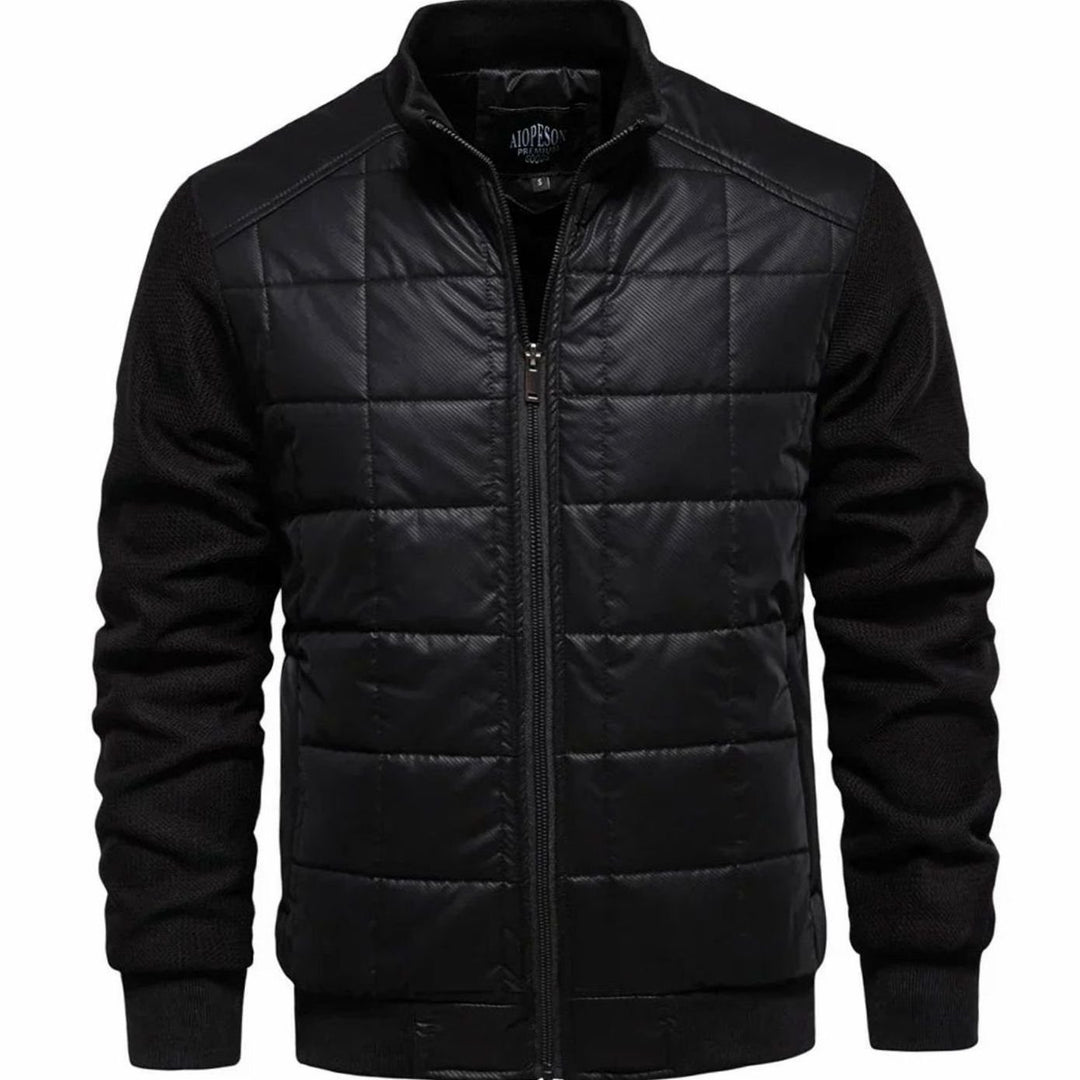 Men's Quilted Puffer Knit-Sleeve Zip-Up Winter Jacket - Black