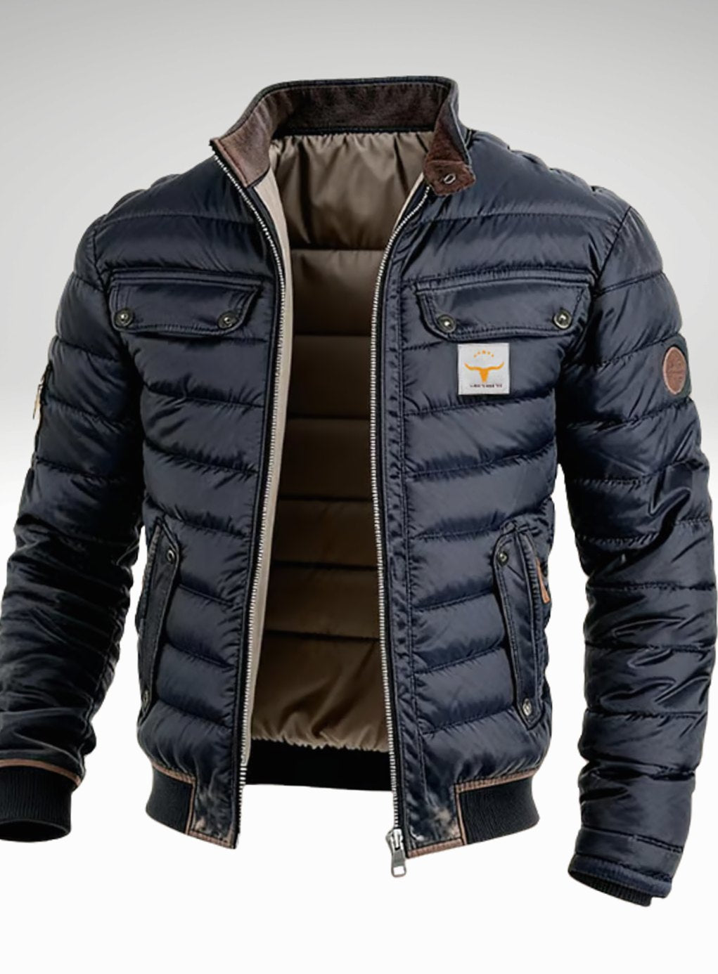 Men's Quilted Puffer Winter Jacket Stand Collar Multi-Pocket - Navy Blue