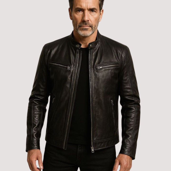Men's Regular-Fit Stand-Collar Leather Biker Jacket