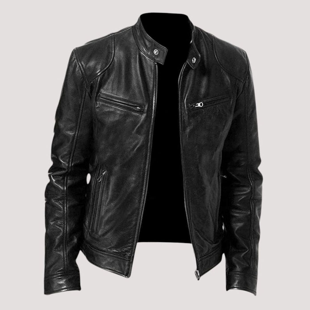 Men's Regular-Fit Stand-Collar Leather Biker Jacket - Black