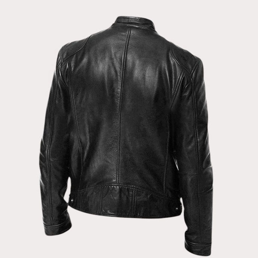 Men's Regular-Fit Stand-Collar Leather Biker Jacket