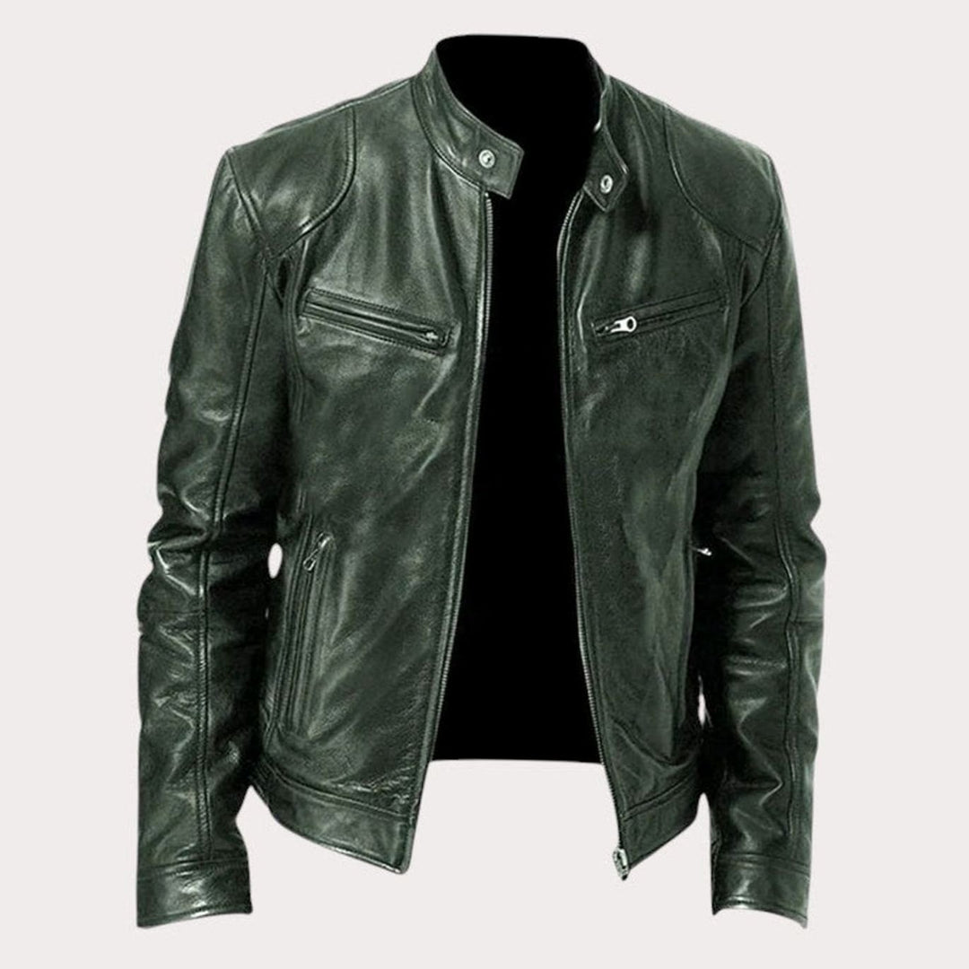 Men's Regular-Fit Stand-Collar Leather Biker Jacket - Dark Green
