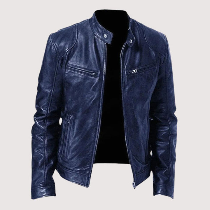 Men's Regular-Fit Stand-Collar Leather Biker Jacket - Dark Navy