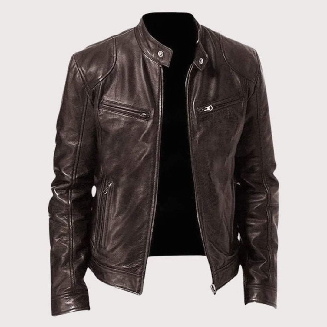 Men's Regular-Fit Stand-Collar Leather Biker Jacket - Dark Brown