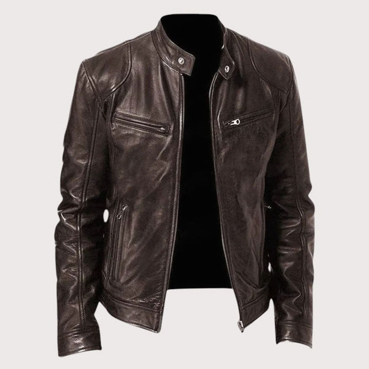 Men's Regular-Fit Stand-Collar Leather Biker Jacket - Dark Brown