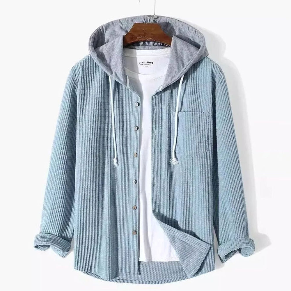 Men's Relaxed-Fit Hooded Corduroy Button-Front Overshirt - Light Blue