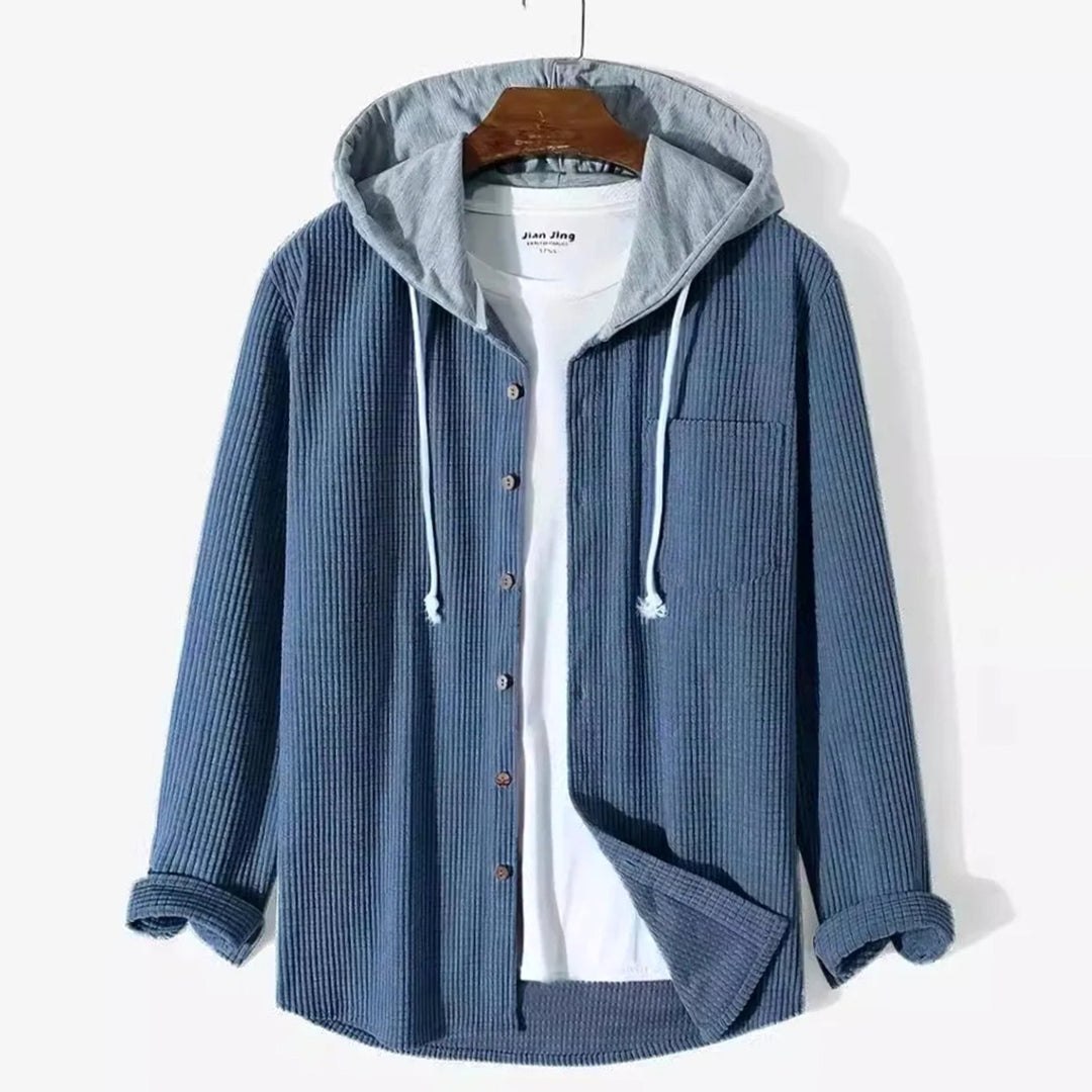 Men's Relaxed-Fit Hooded Corduroy Button-Front Overshirt - Dark Blue