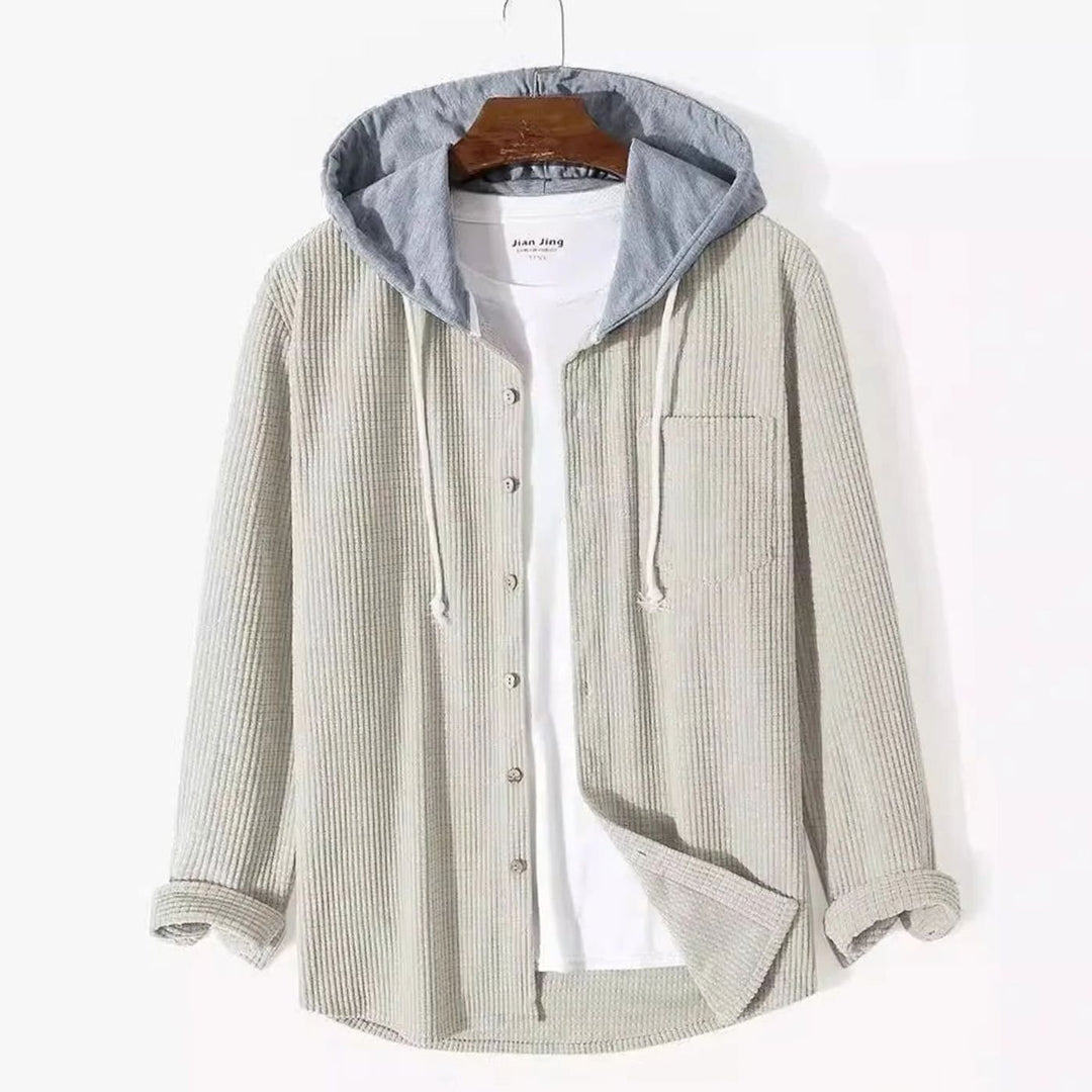 Men's Relaxed-Fit Hooded Corduroy Button-Front Overshirt - Beige