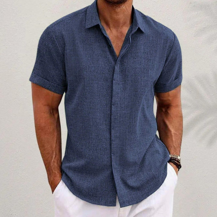 Men's Relaxed-Fit Linen Blend Short-Sleeve Button Shirt - Blue