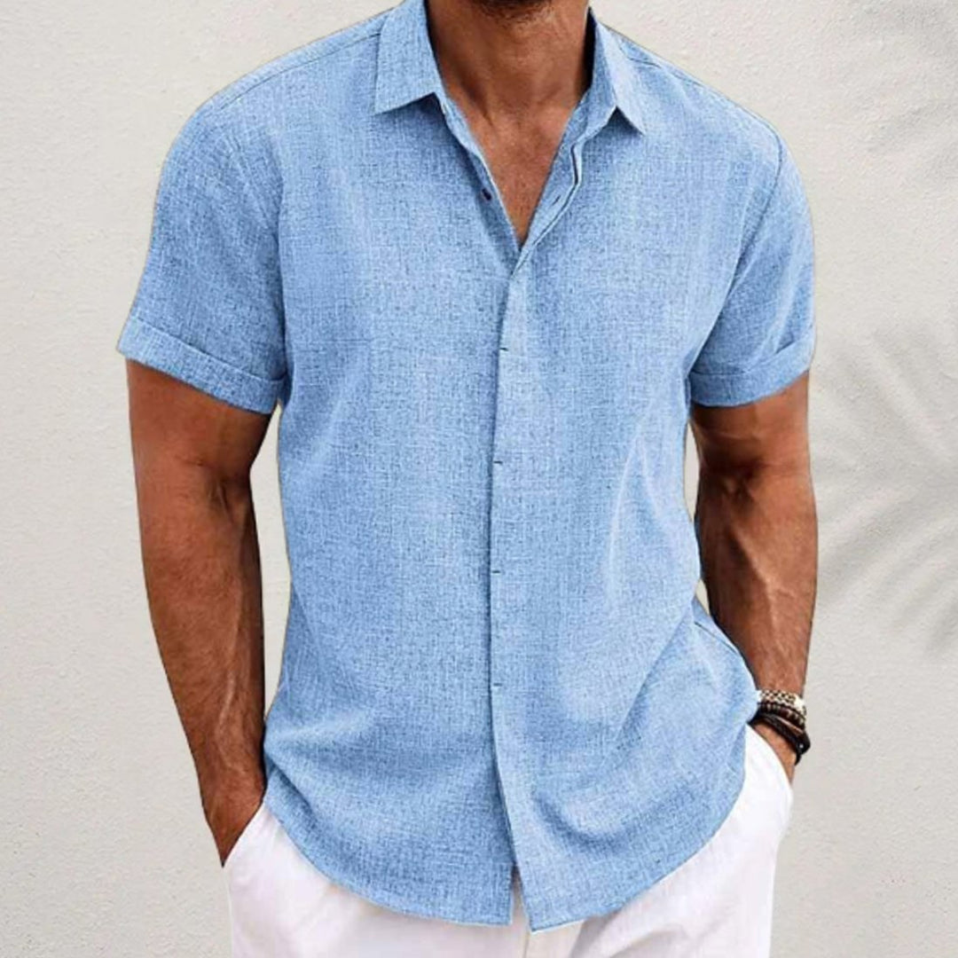 Men's Relaxed-Fit Linen Blend Short-Sleeve Button Shirt - Light Blue