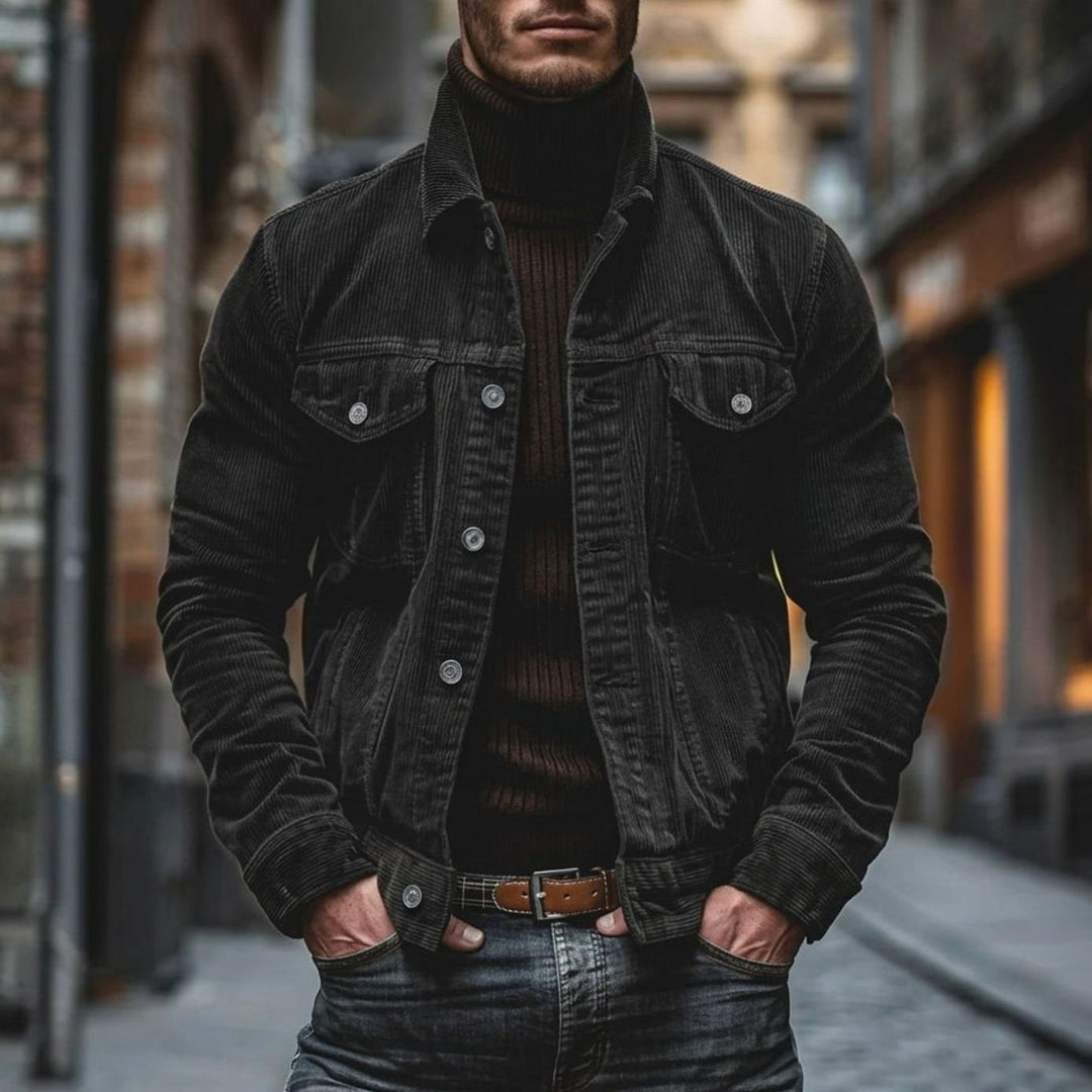 Men's Relaxed-Fit Single-Breasted Corduroy Jacket - Black