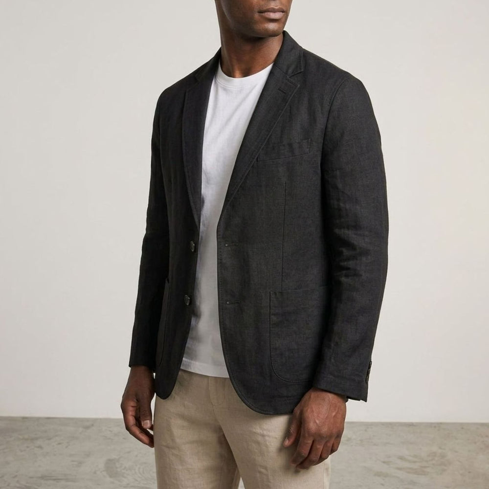Men's Relaxed-Fit Two-Button Linen Blazer - Black