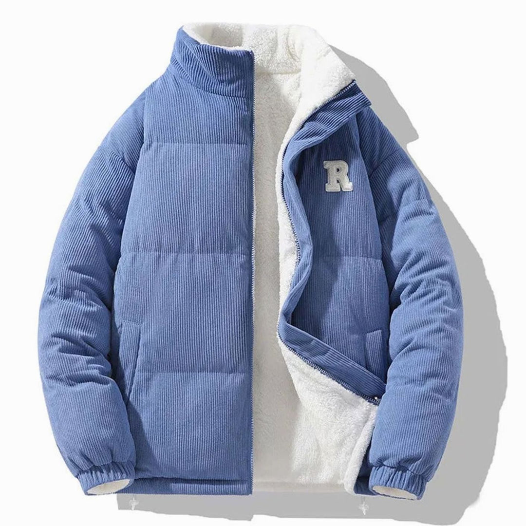 Men's Reversible Corduroy Fleece-Lined Puffer Winter Jacket - Light Blue