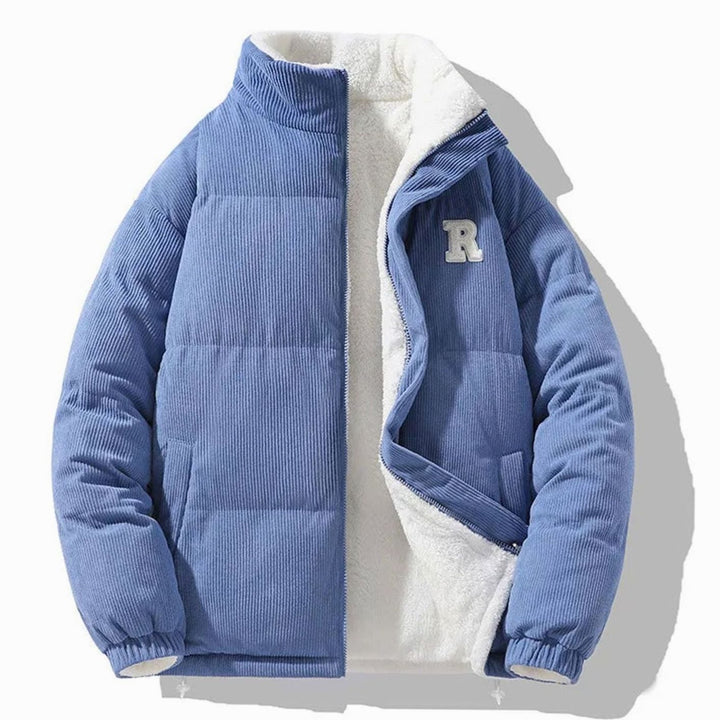 Men's Reversible Corduroy Fleece-Lined Puffer Winter Jacket - Light Blue