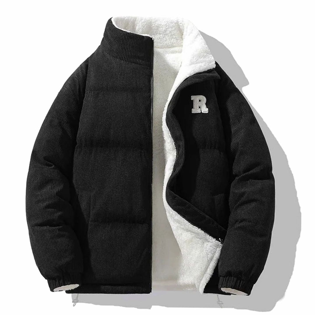 Men's Reversible Corduroy Fleece-Lined Puffer Winter Jacket - Black