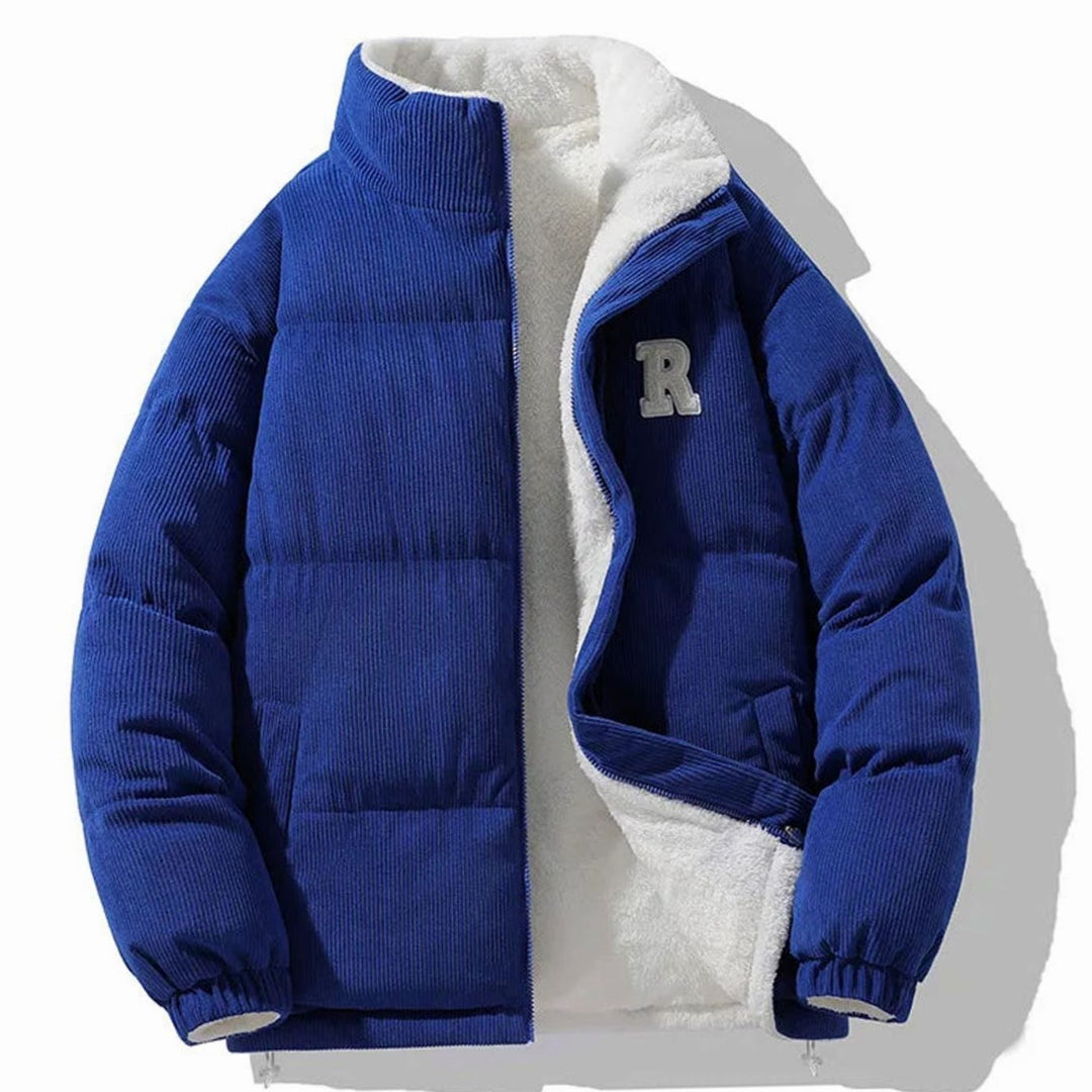 Men's Reversible Corduroy Fleece-Lined Puffer Winter Jacket - Navy Blue