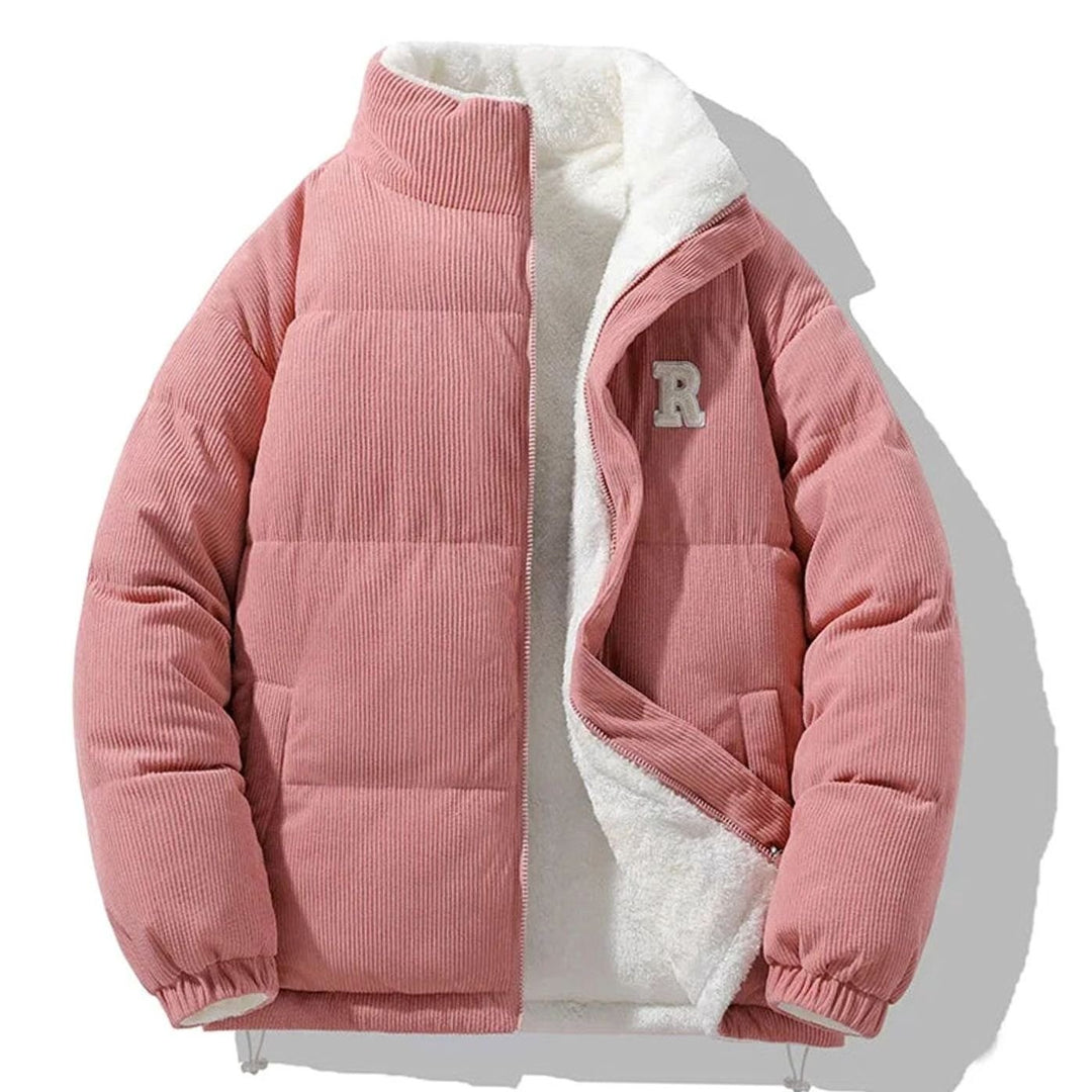 Men's Reversible Corduroy Fleece-Lined Puffer Winter Jacket - Pink