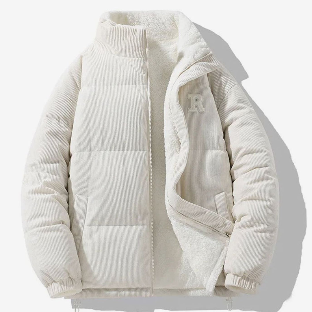 Men's Reversible Corduroy Fleece-Lined Puffer Winter Jacket - White
