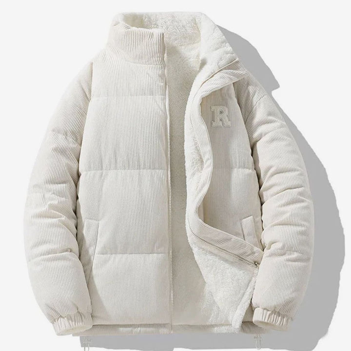 Men's Reversible Corduroy Fleece-Lined Puffer Winter Jacket - White