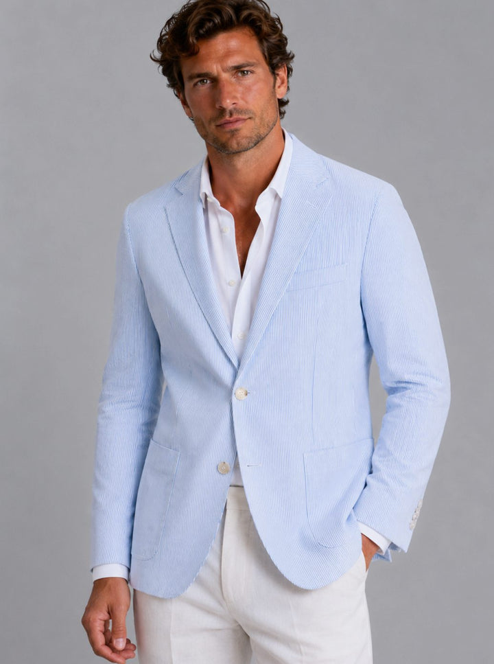 Men's Seersucker Striped Tailored Two-Button Blazer - Light Blue