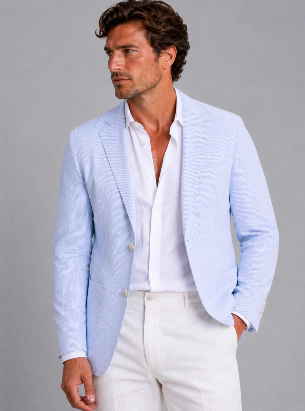 Men's Seersucker Striped Tailored Two-Button Blazer