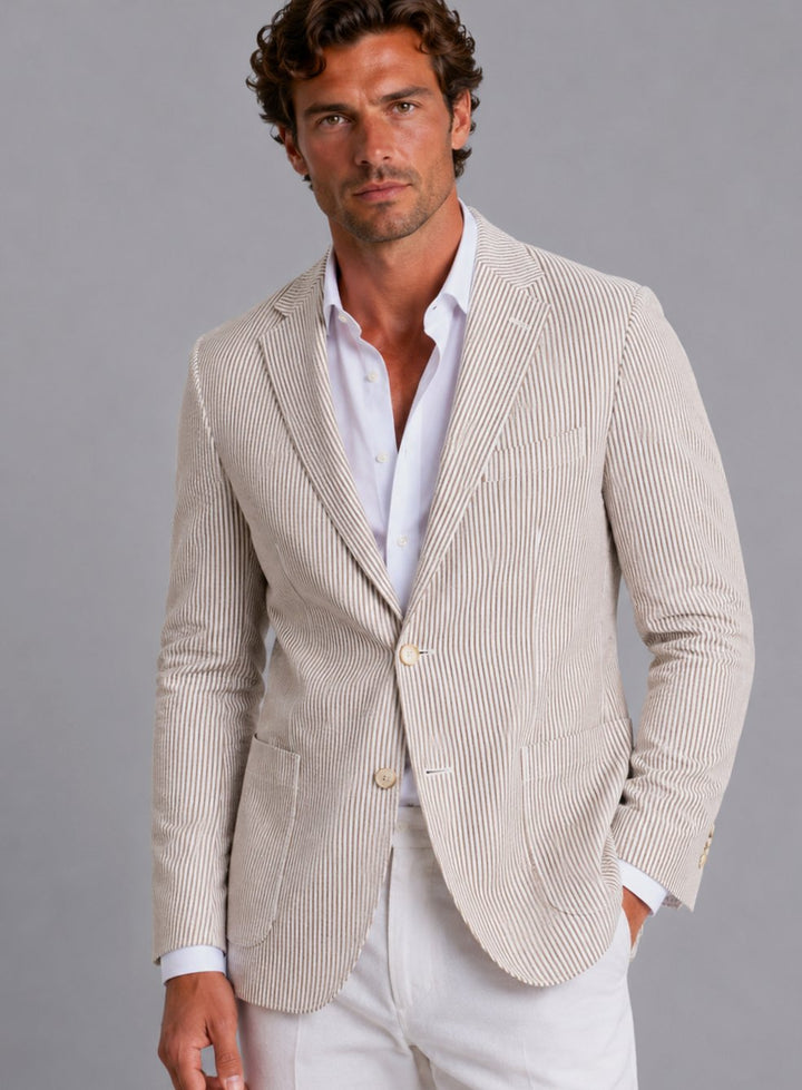 Men's Seersucker Striped Tailored Two-Button Blazer - Khaki