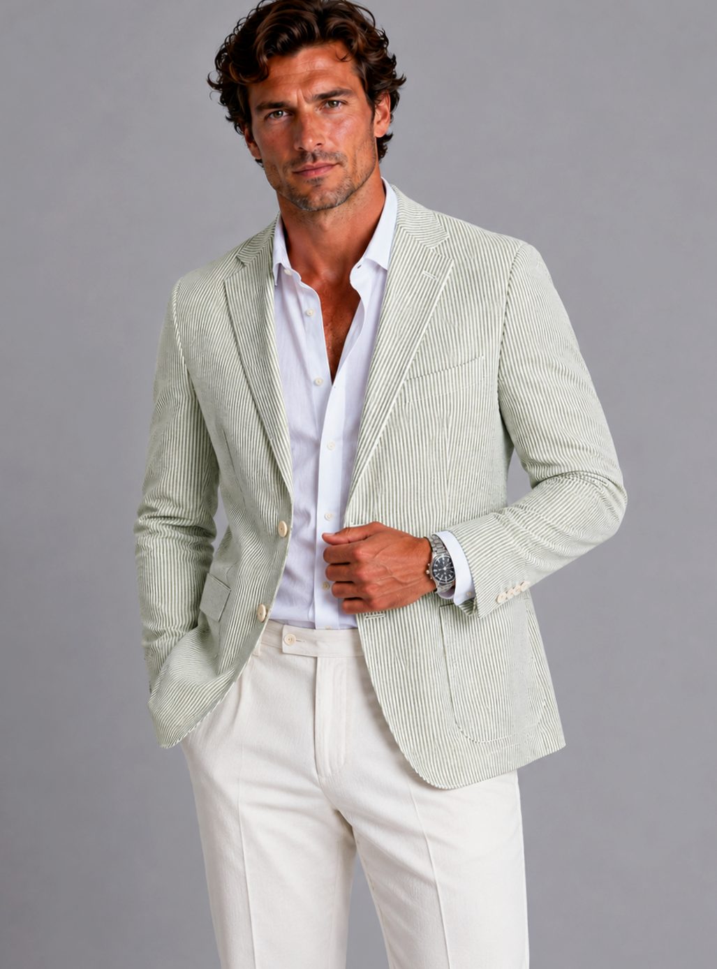 Men's Seersucker Striped Tailored Two-Button Blazer - Green