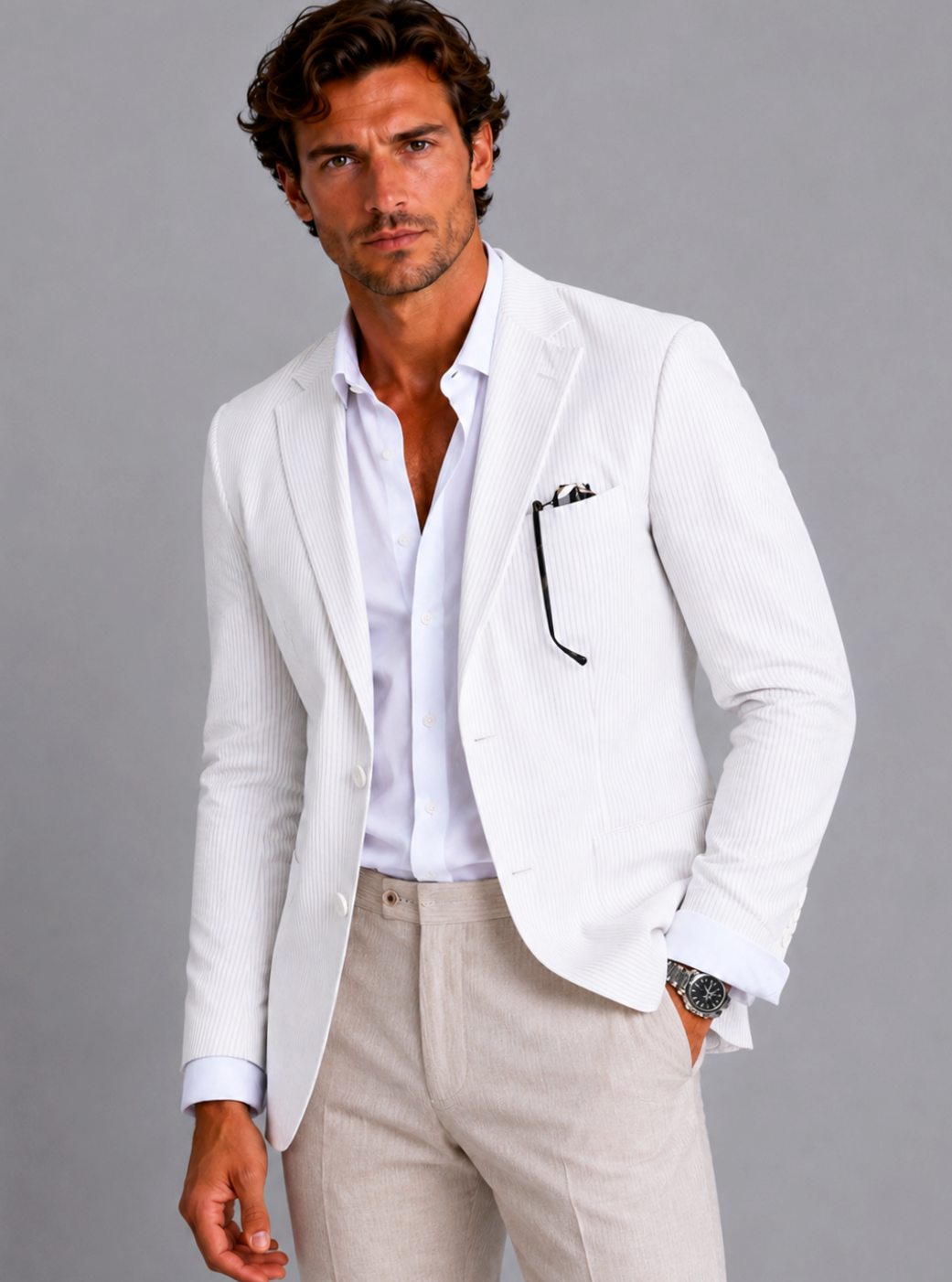 Men's Seersucker Striped Tailored Two-Button Blazer - White