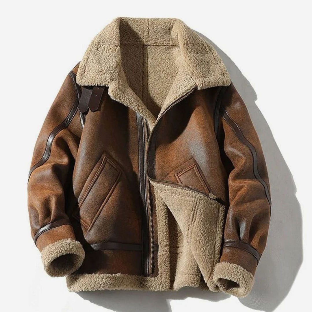 Men's Shearling-Lined Suede Aviator Winter Jacket - Brown