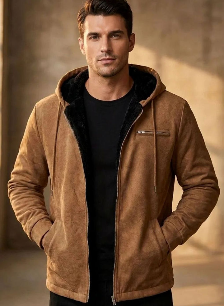 Men's Sherpa-Lined Hooded Faux Suede Zip-Up Jacket