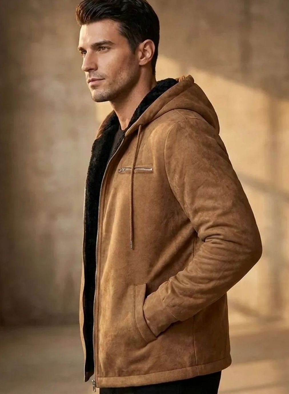 Men's Sherpa-Lined Hooded Faux Suede Zip-Up Jacket