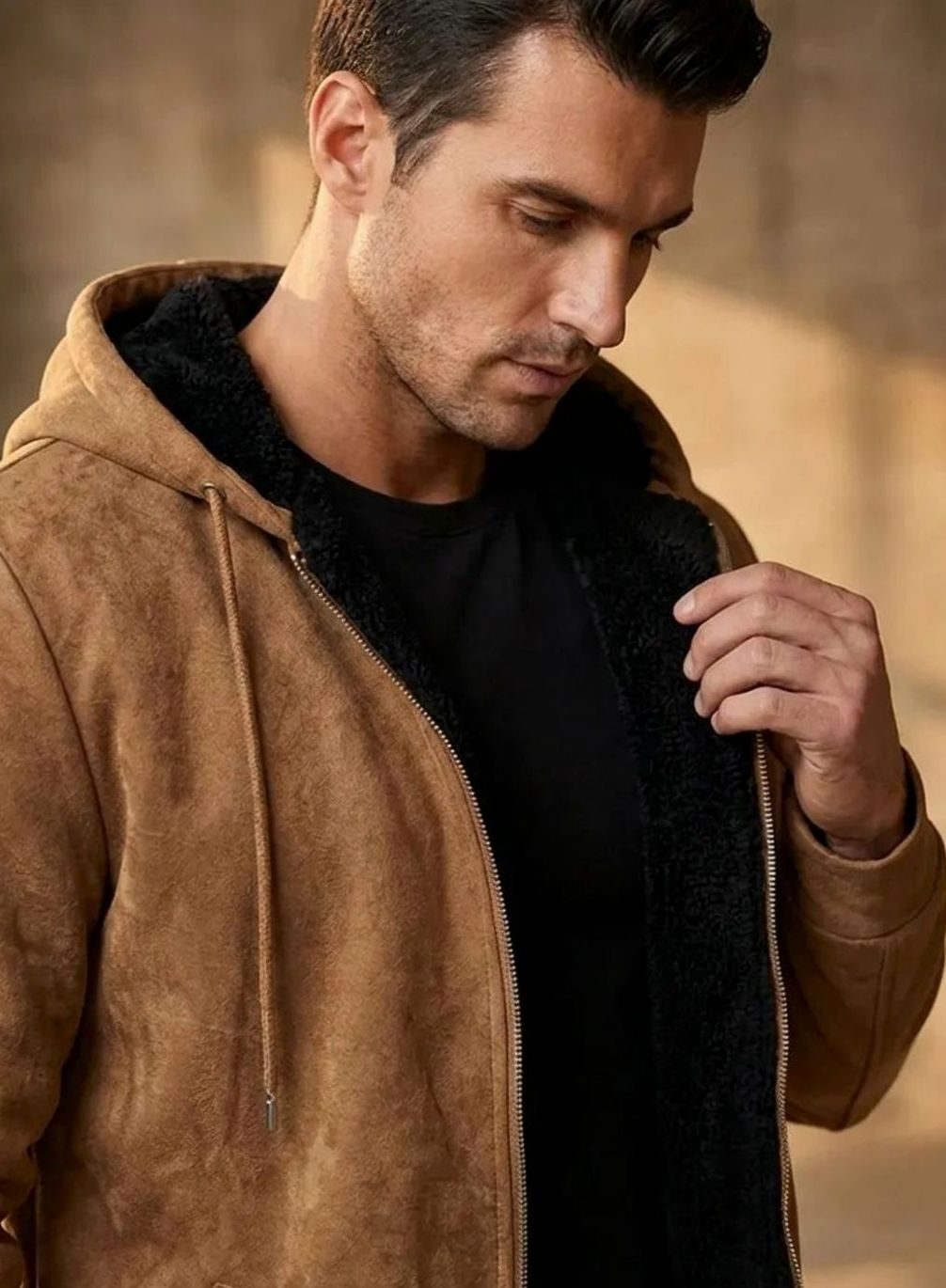 Men's Sherpa-Lined Hooded Faux Suede Zip-Up Jacket