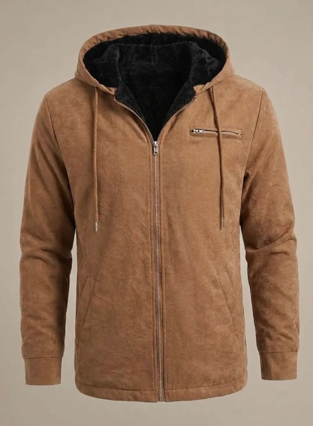 Men's Sherpa-Lined Hooded Faux Suede Zip-Up Jacket - Brown