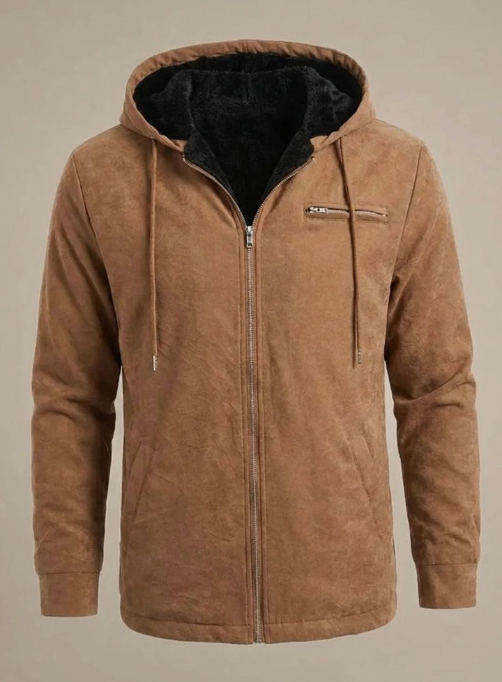 Men's Sherpa-Lined Hooded Faux Suede Zip-Up Jacket - Brown