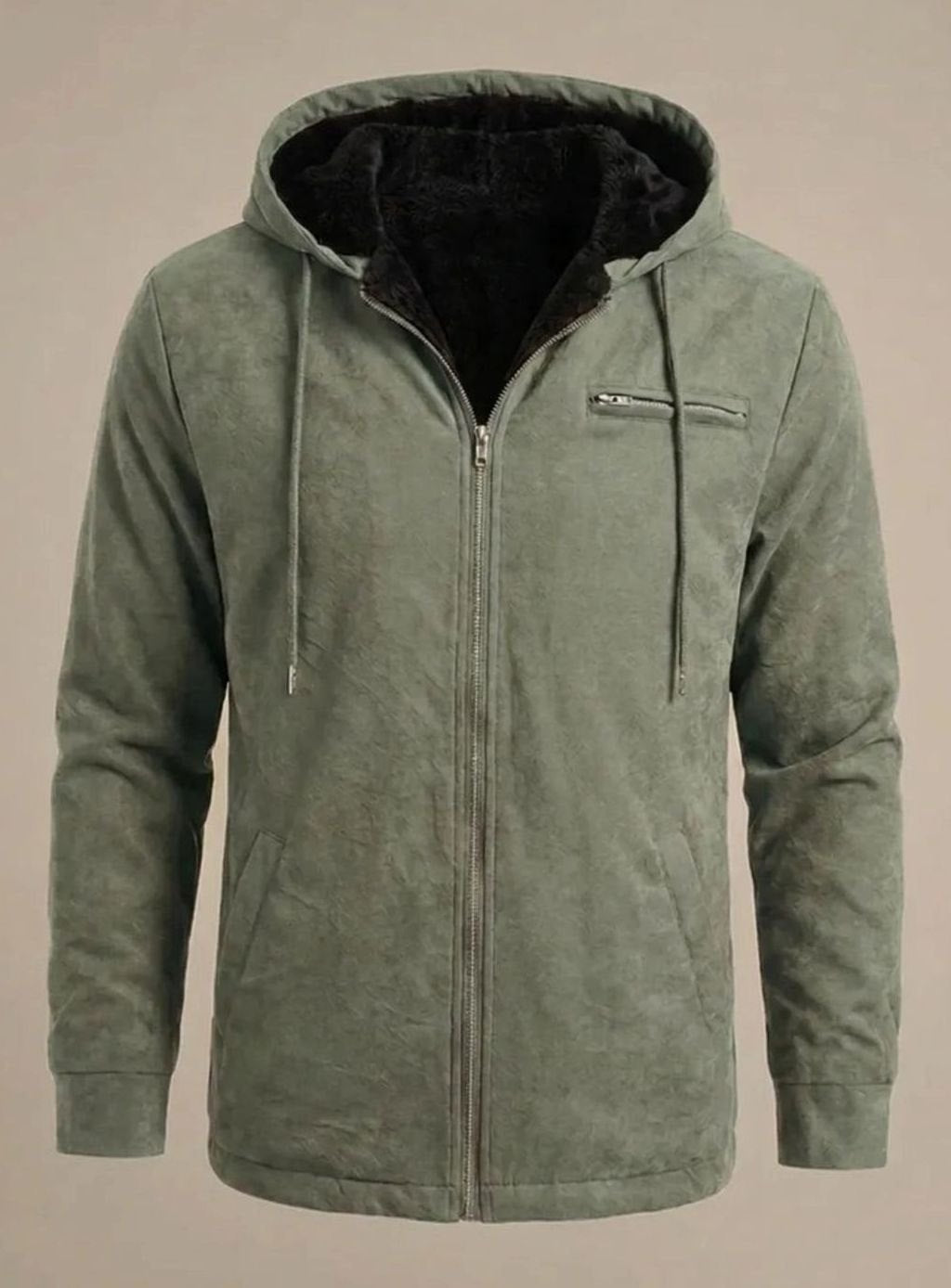 Men's Sherpa-Lined Hooded Faux Suede Zip-Up Jacket - Green