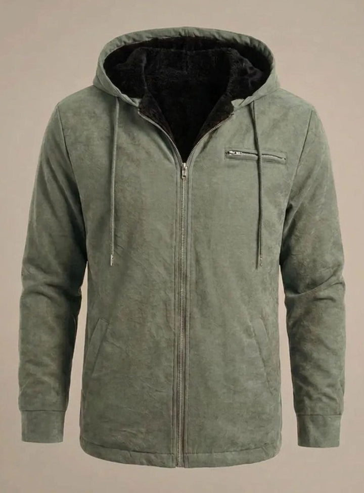 Men's Sherpa-Lined Hooded Faux Suede Zip-Up Jacket - Green