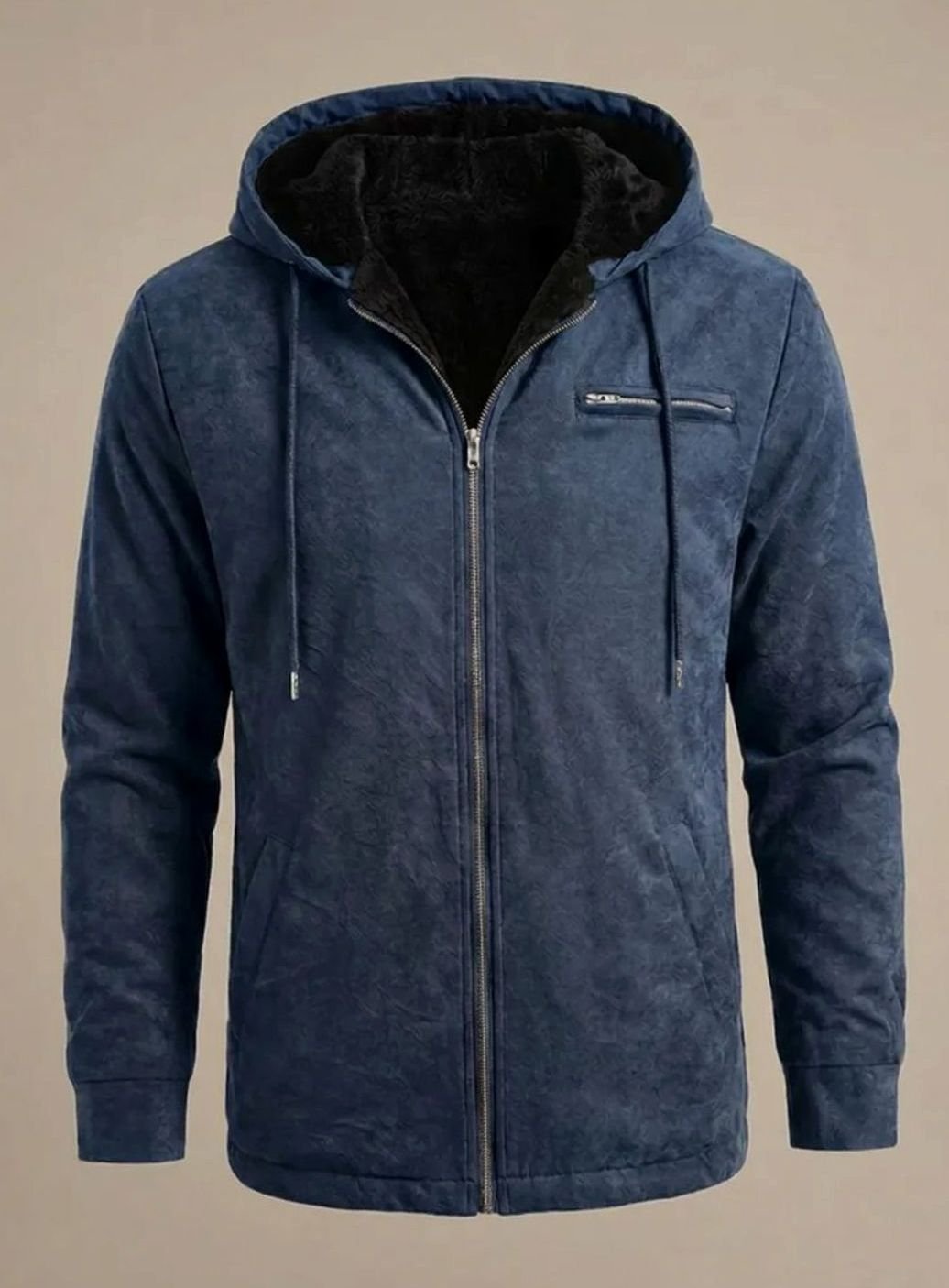 Men's Sherpa-Lined Hooded Faux Suede Zip-Up Jacket - Blue