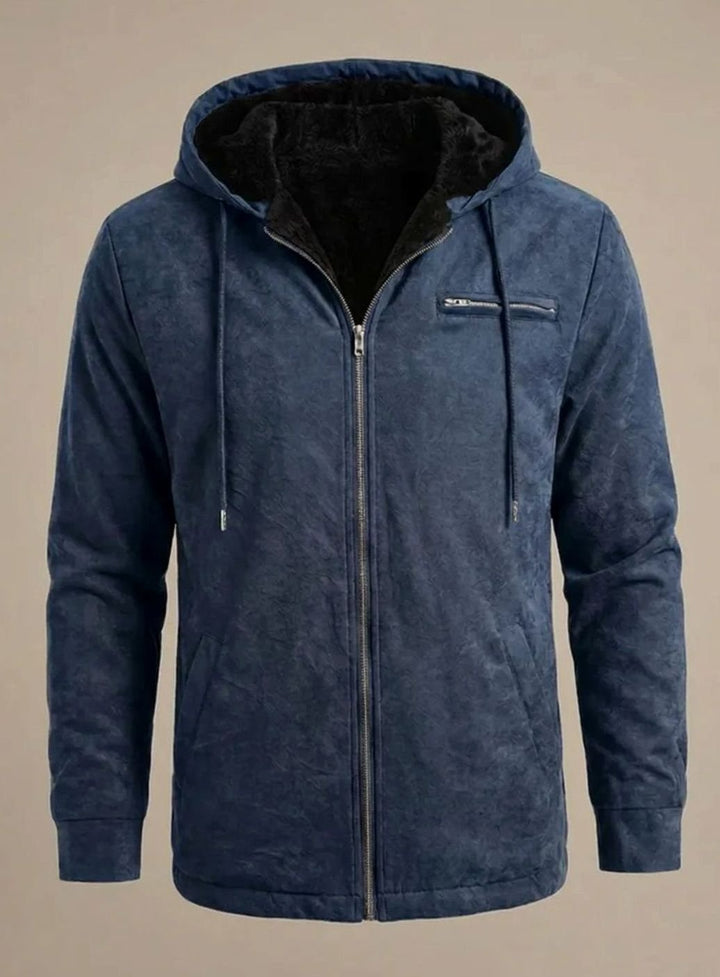 Men's Sherpa-Lined Hooded Faux Suede Zip-Up Jacket - Blue