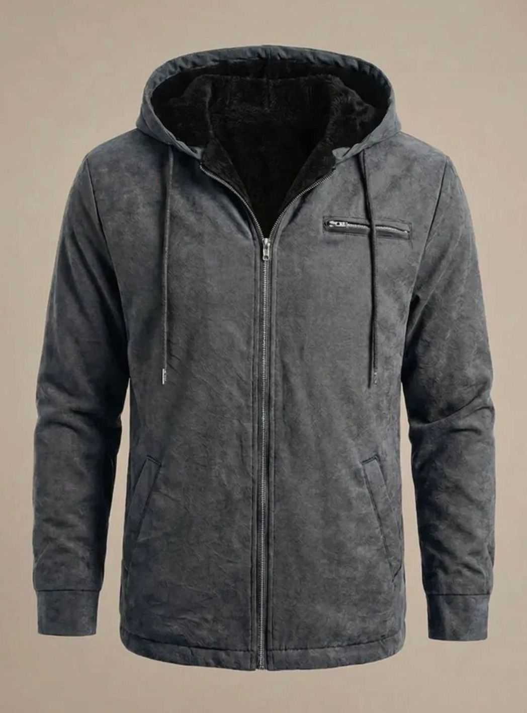 Men's Sherpa-Lined Hooded Faux Suede Zip-Up Jacket - Grey