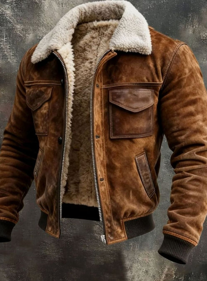 Men's Sherpa-Lined Suede Bomber Winter Jacket Multi-Pocket