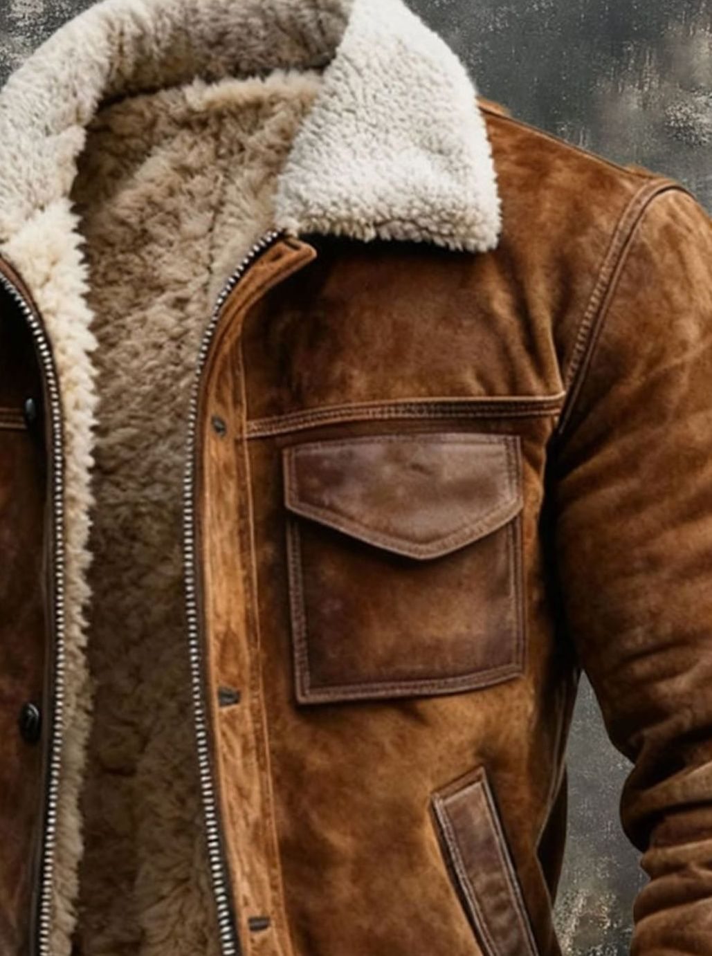 Men's Sherpa-Lined Suede Bomber Winter Jacket Multi-Pocket