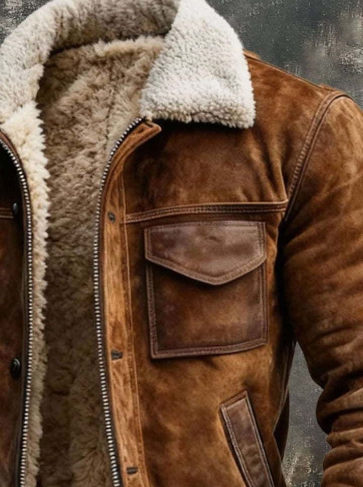 Men's Sherpa-Lined Suede Bomber Winter Jacket Multi-Pocket