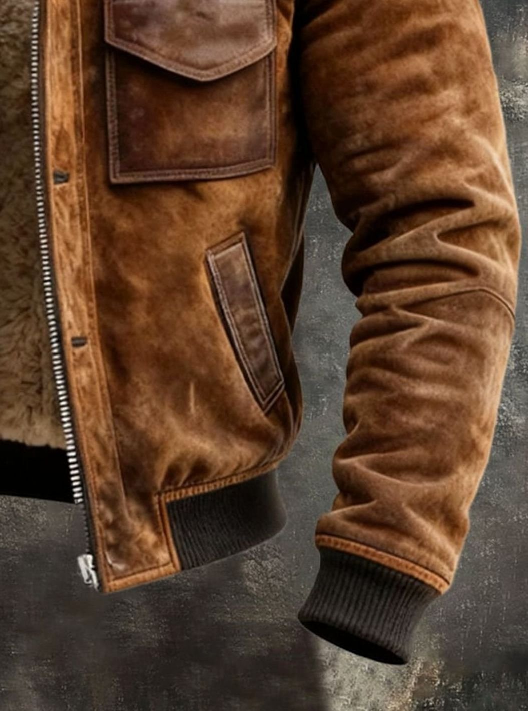 Men's Sherpa-Lined Suede Bomber Winter Jacket Multi-Pocket