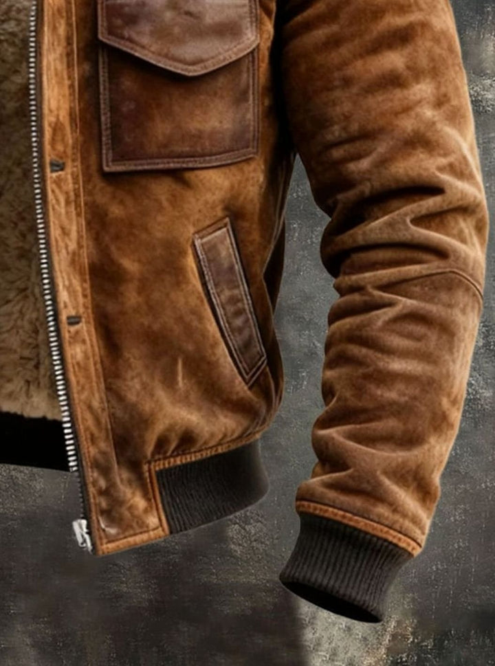 Men's Sherpa-Lined Suede Bomber Winter Jacket Multi-Pocket