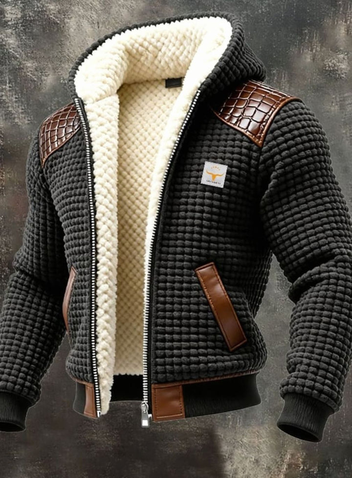 Men's Sherpa-Lined Waffle-Knit Full-Zip Winter Jacket - Grey