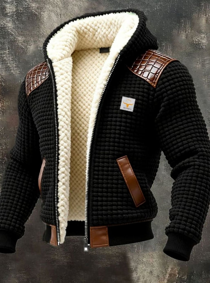 Men's Sherpa-Lined Waffle-Knit Full-Zip Winter Jacket - Black